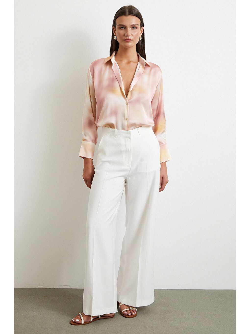 Ebruli Desen Saten GömleK Pembe-1