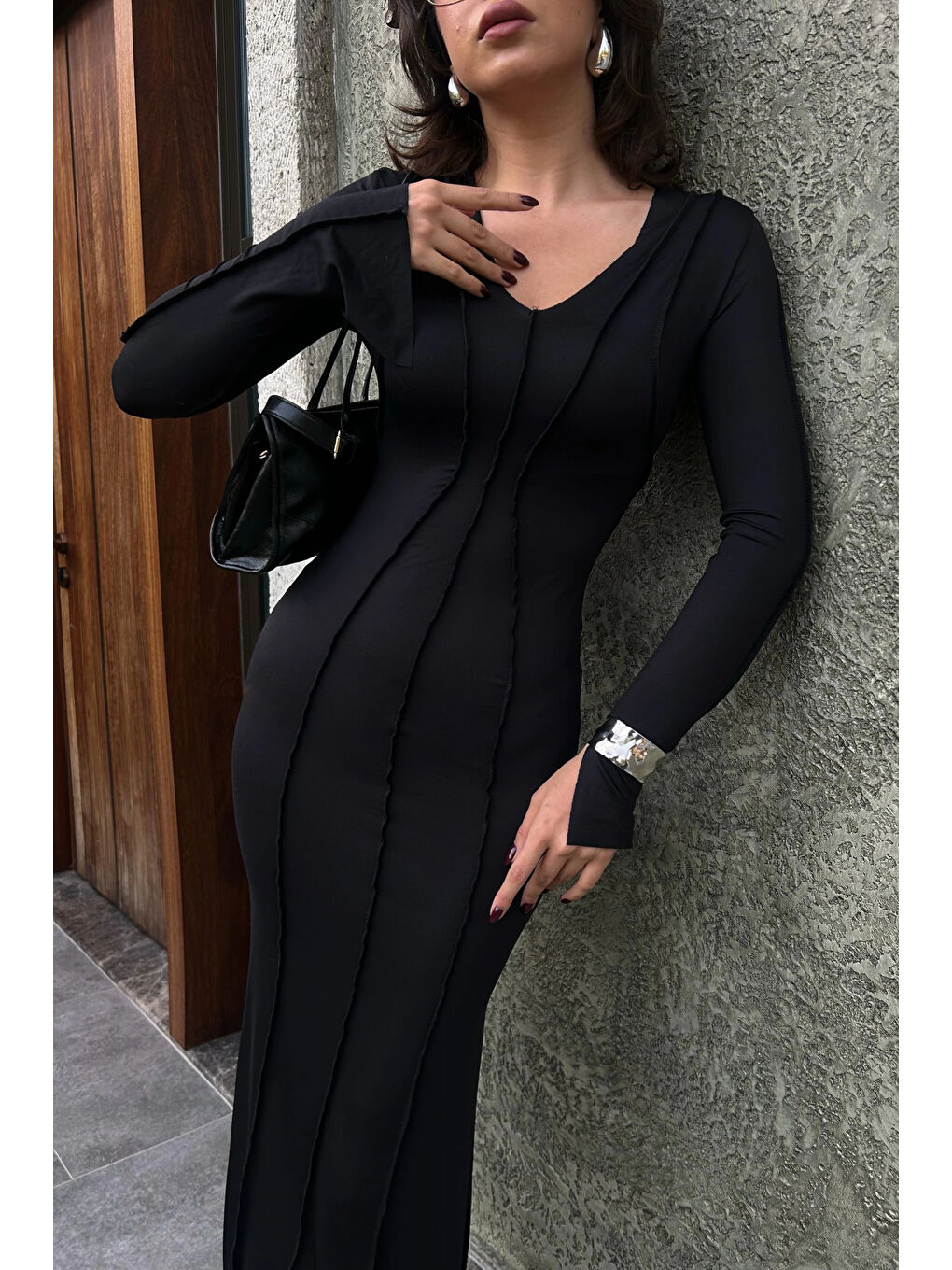 Karışık Kadın Siyah Ters Dikiş Elbise 1007-4773-1