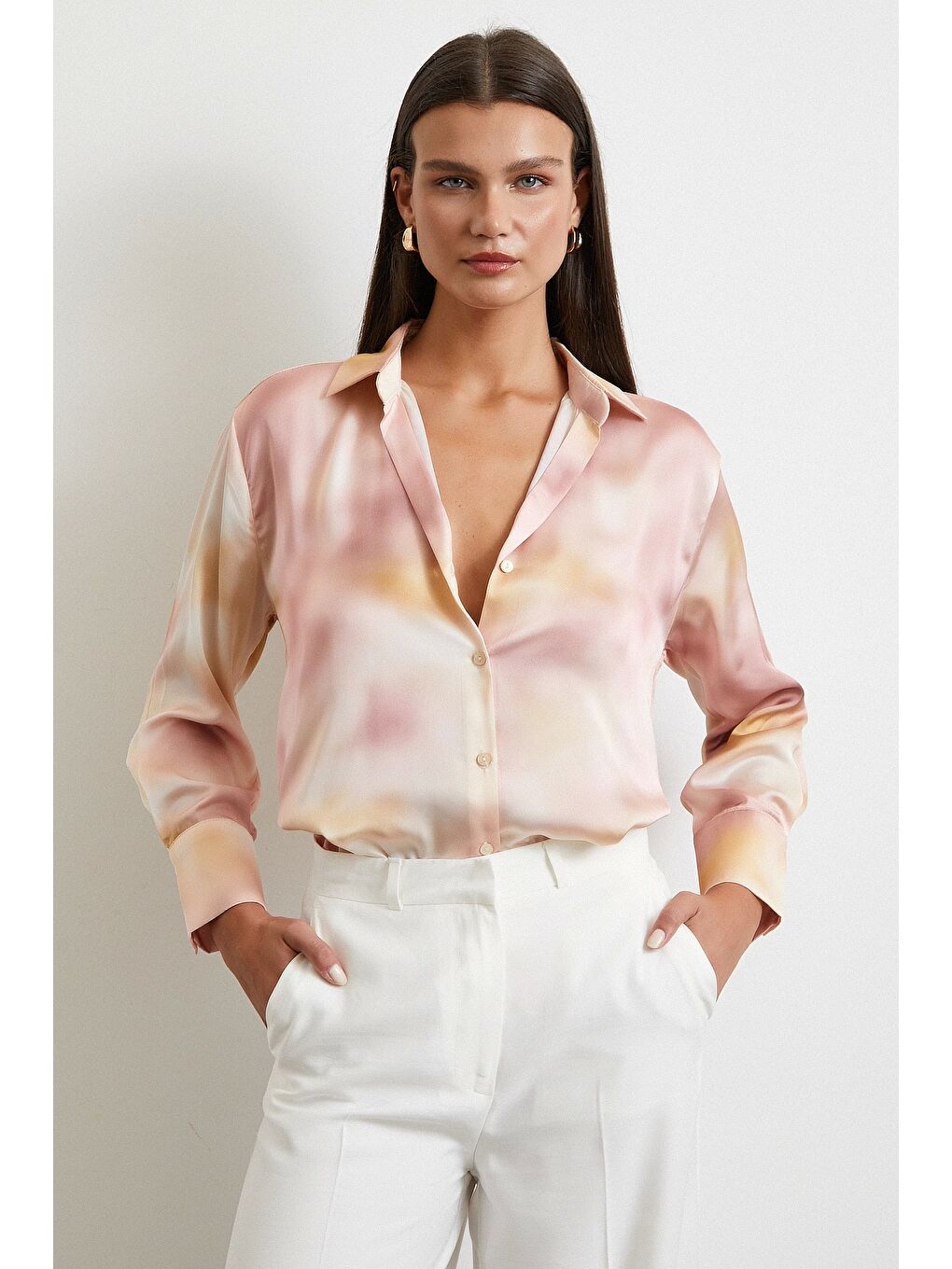 Ebruli Desen Saten GömleK Pembe-2