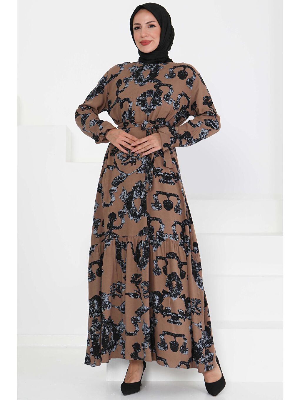 Bej Desenli Kuşaklı Elbise Vizon - 27429-2