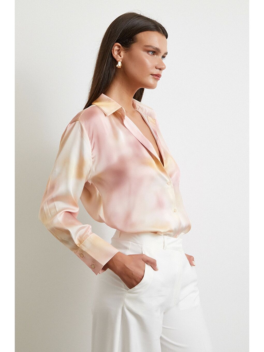 Ebruli Desen Saten GömleK Pembe-3