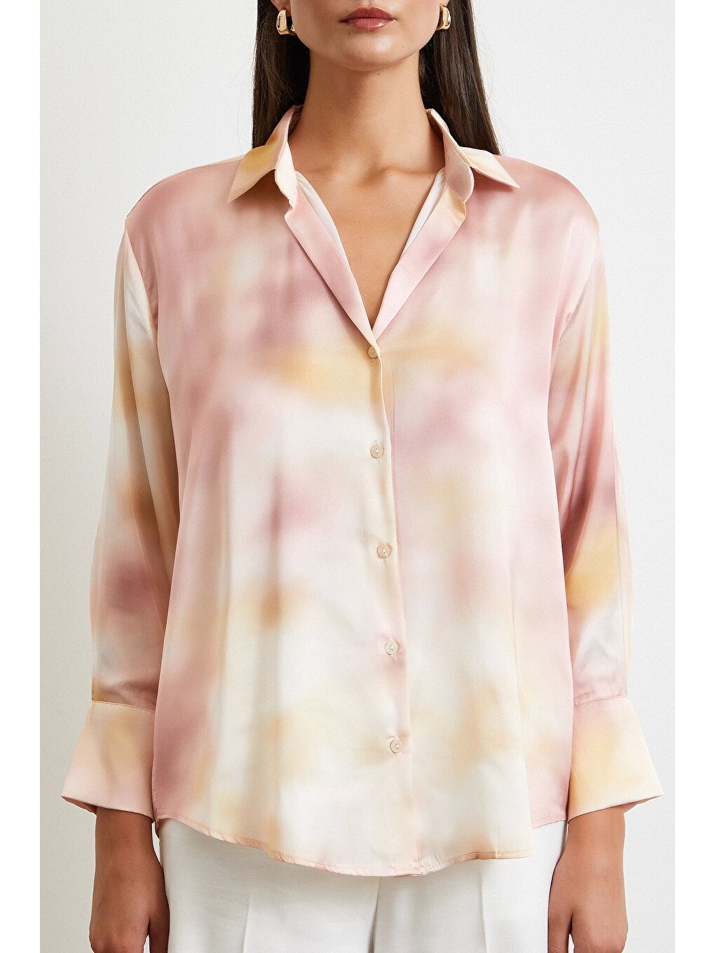 Ebruli Desen Saten GömleK Pembe-4