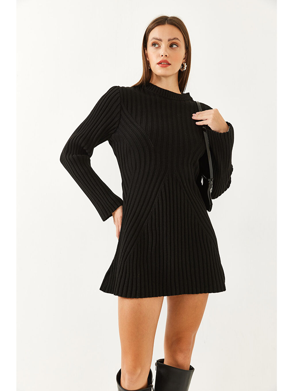 Siyah Kadın Bisiklet Yaka Fitilli Mini Triko Elbise-1