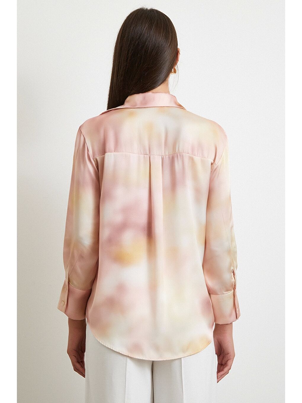 Ebruli Desen Saten GömleK Pembe-5