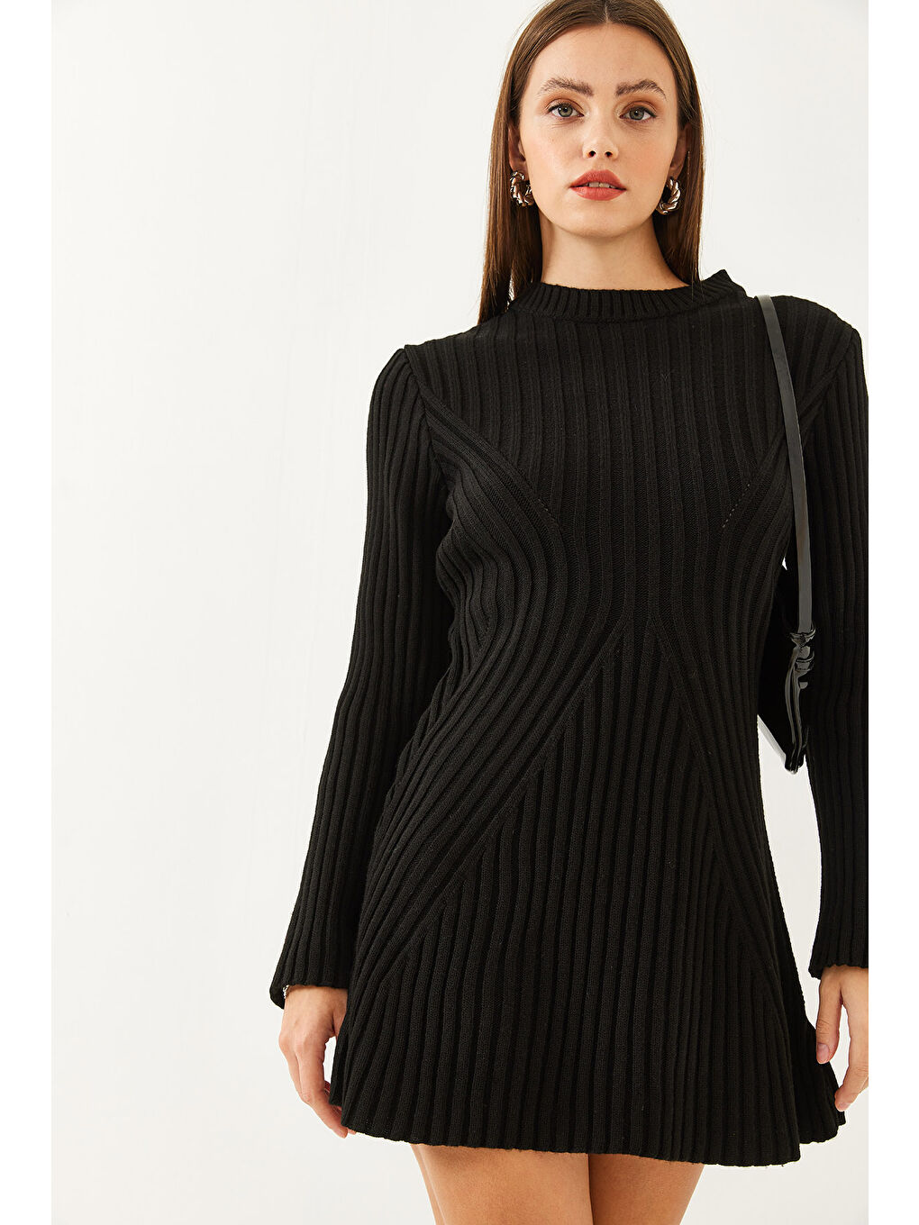 Siyah Kadın Bisiklet Yaka Fitilli Mini Triko Elbise-2