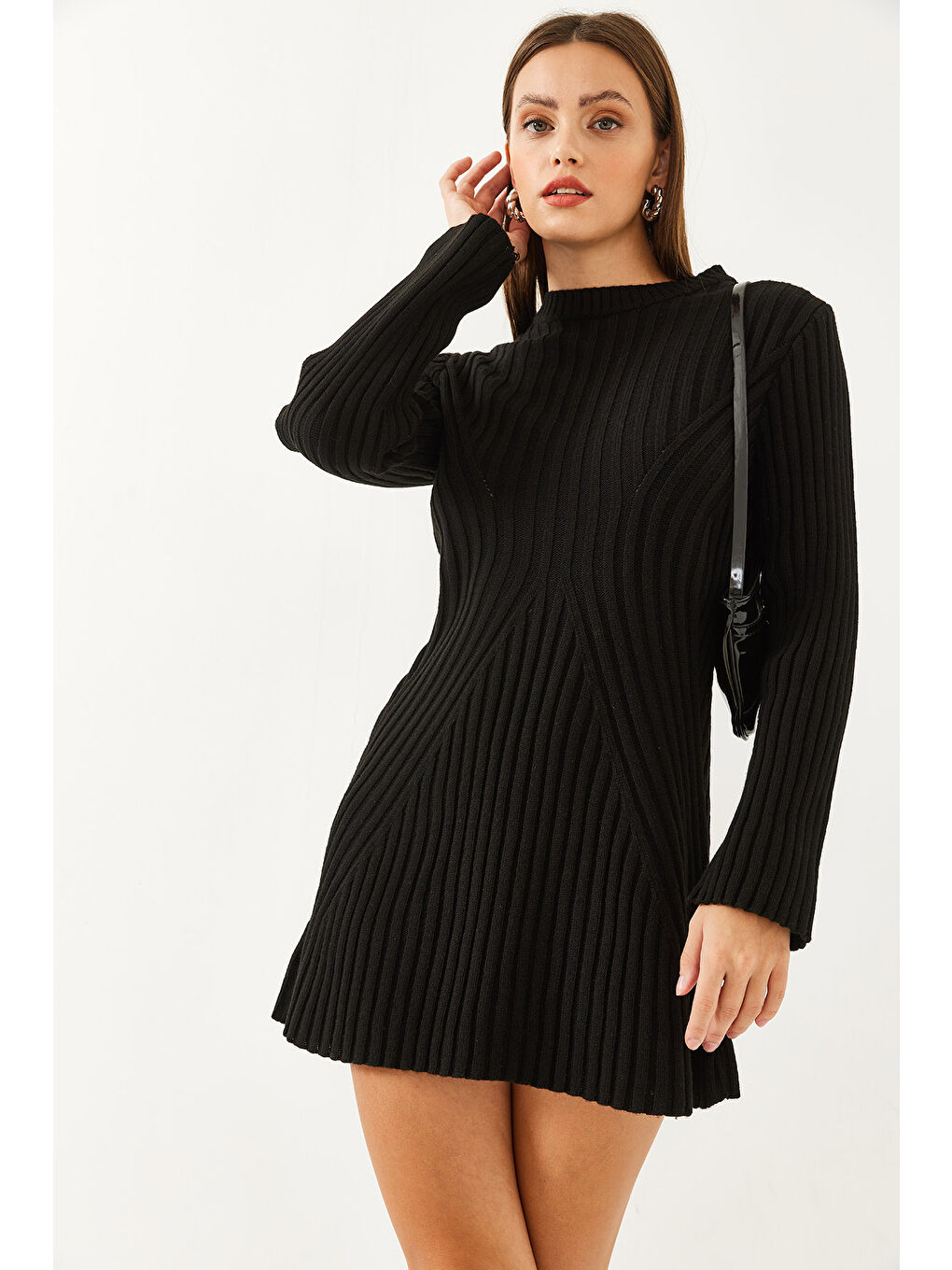 Siyah Kadın Bisiklet Yaka Fitilli Mini Triko Elbise-3