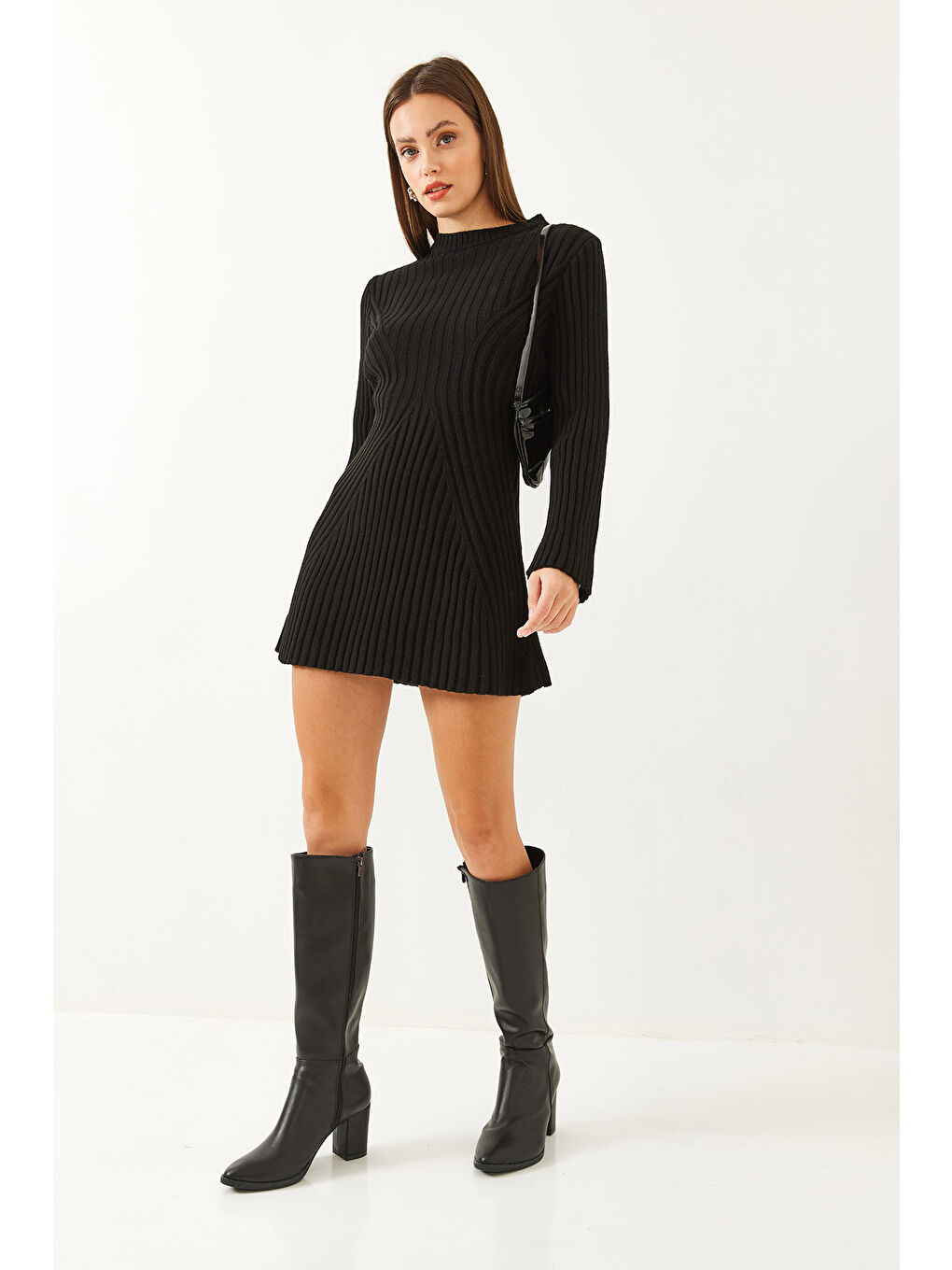 Siyah Kadın Bisiklet Yaka Fitilli Mini Triko Elbise-4