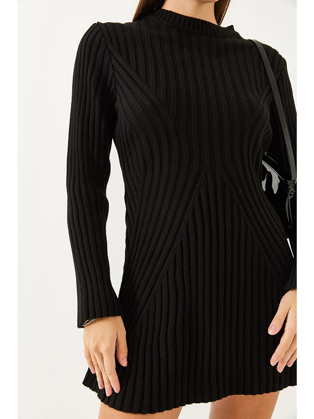 Siyah Kadın Bisiklet Yaka Fitilli Mini Triko Elbise-5