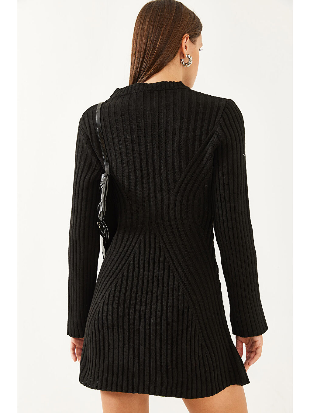 Siyah Kadın Bisiklet Yaka Fitilli Mini Triko Elbise-6