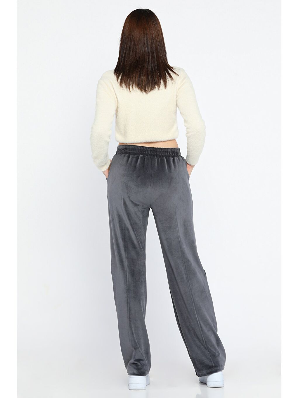 Gri Kadın Kadife Ön Çimalı Bol Paça Pantolon-2
