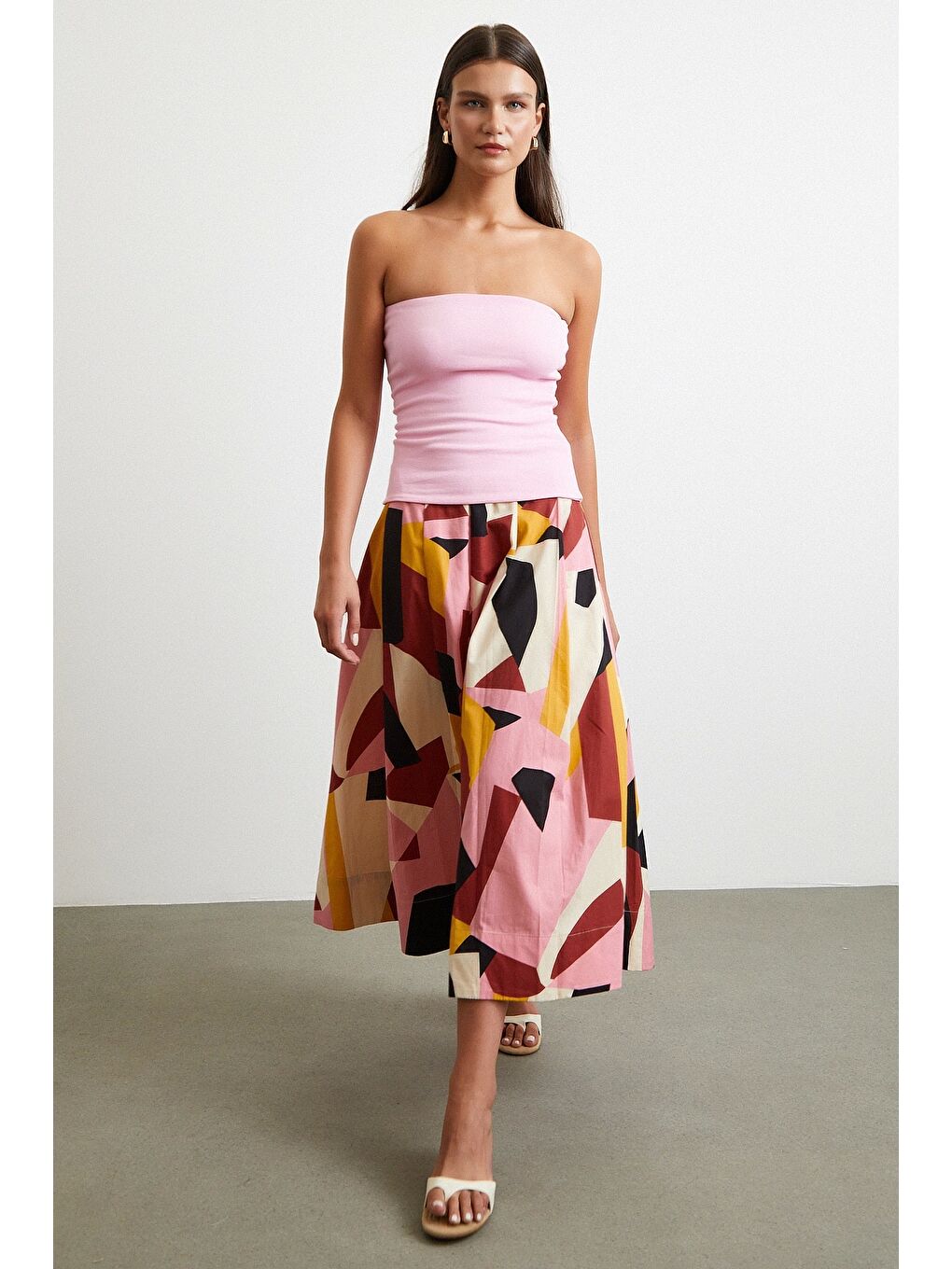 Desenli Midi Etek Pembe