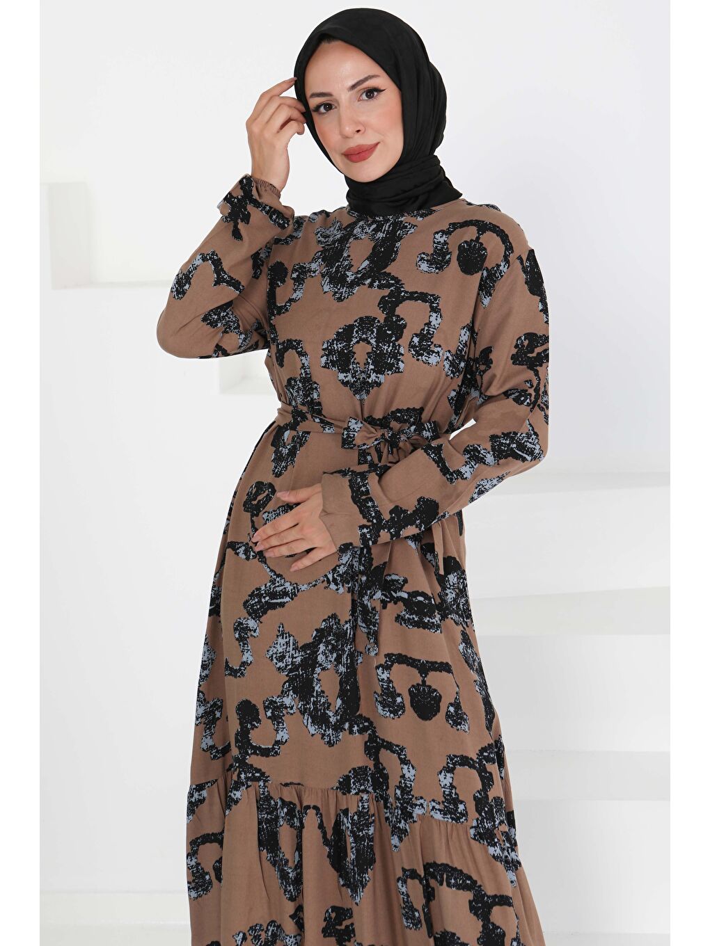 Bej Desenli Kuşaklı Elbise Vizon - 27429-3