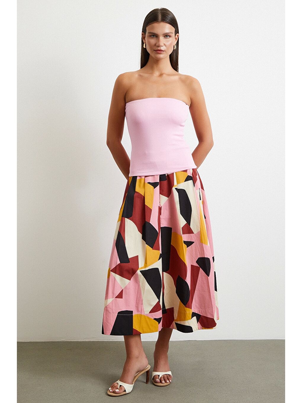 Desenli Midi Etek Pembe-1