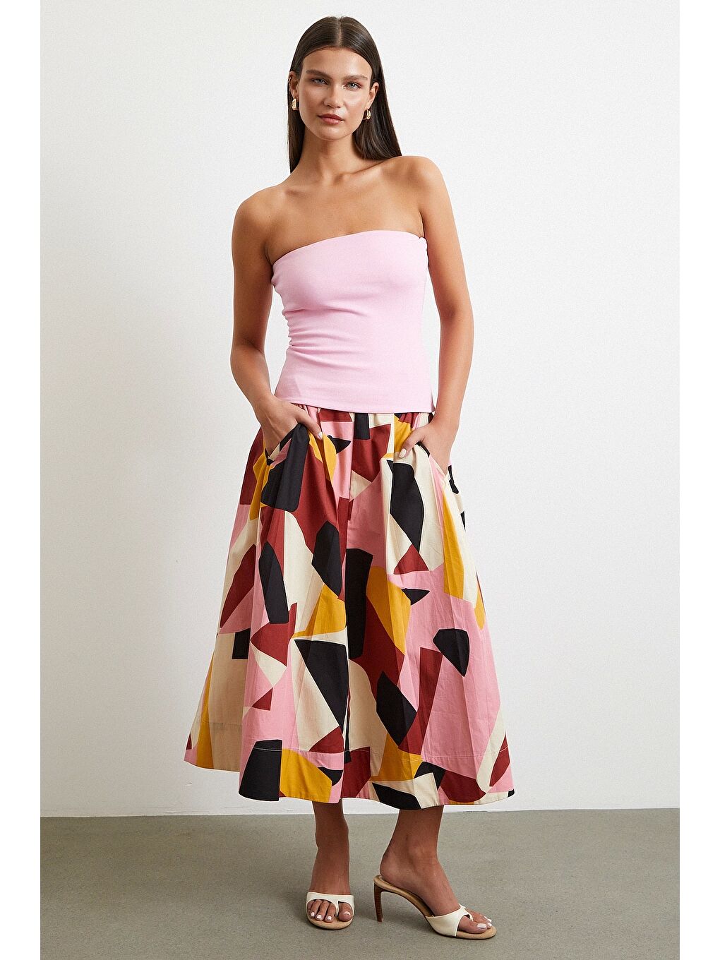 Desenli Midi Etek Pembe-2