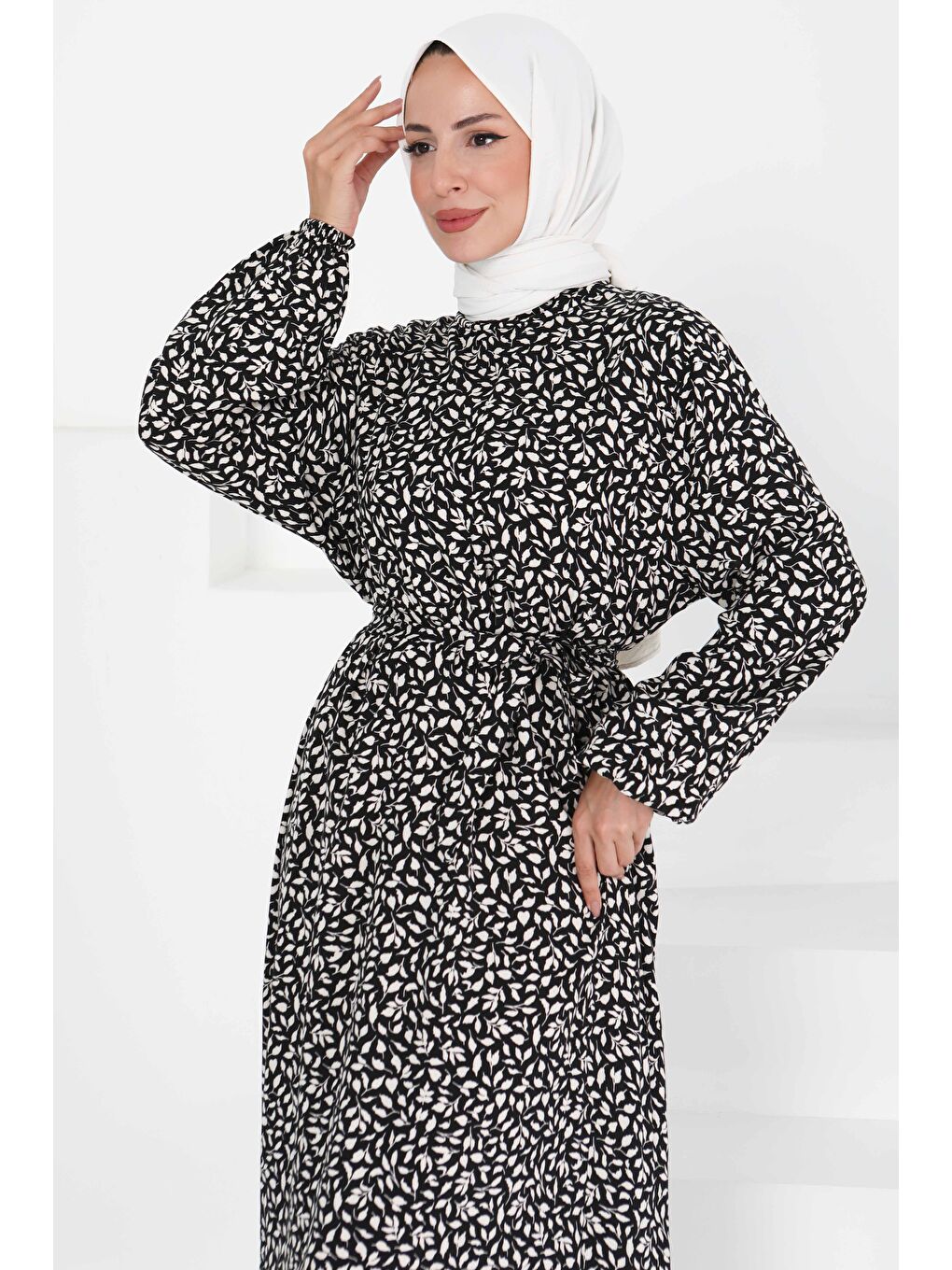 Desenli Kuşaklı Elbise Beyaz - 27426