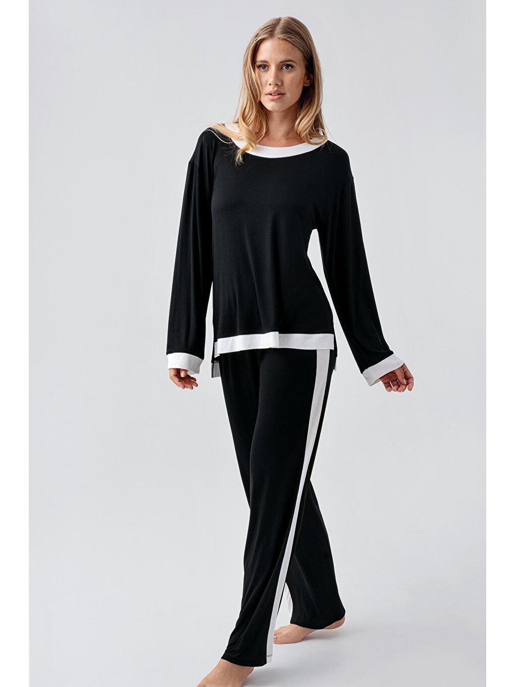 Siyah Uzun Kollu Basic Esnek Viskoz Pijama Takım 18209