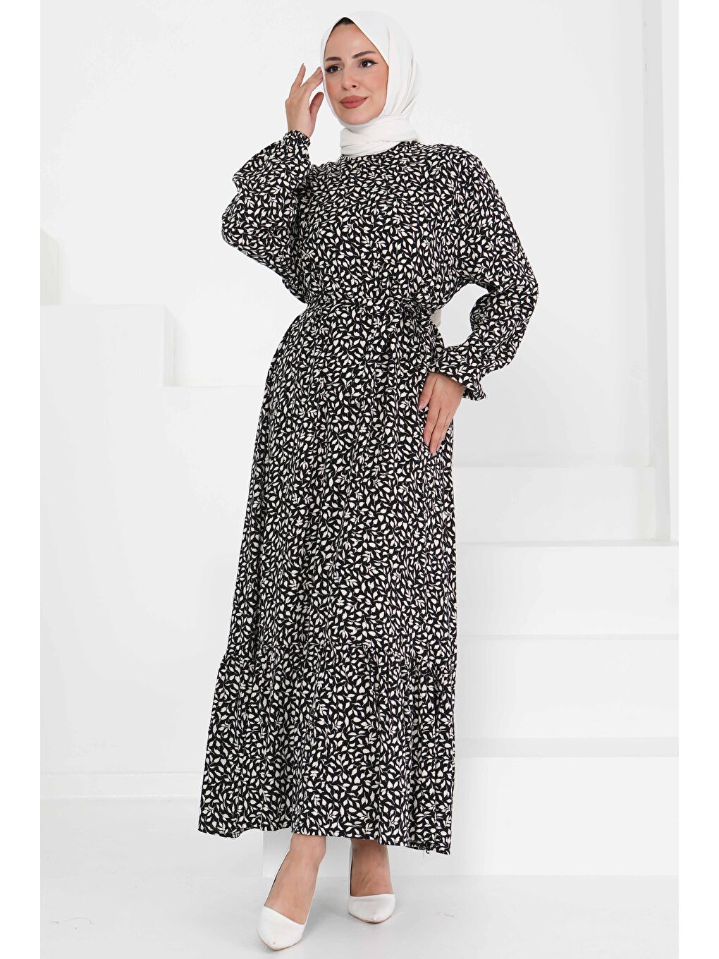 Desenli Kuşaklı Elbise Beyaz - 27426-1