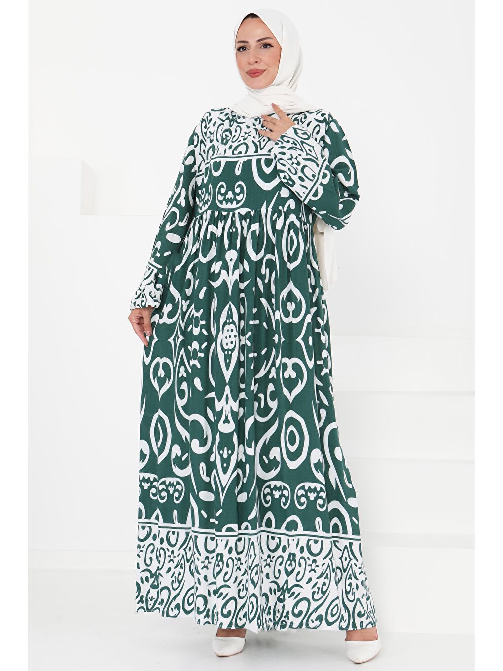 Yeşil Desenli Elbise Zümrüt - 27431