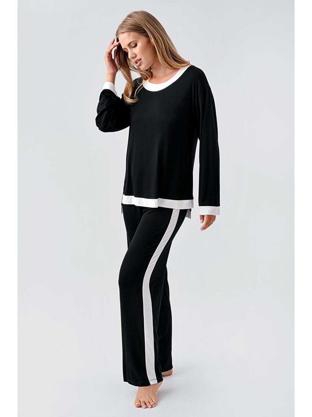 Siyah Uzun Kollu Basic Esnek Viskoz Pijama Takım 18209-1