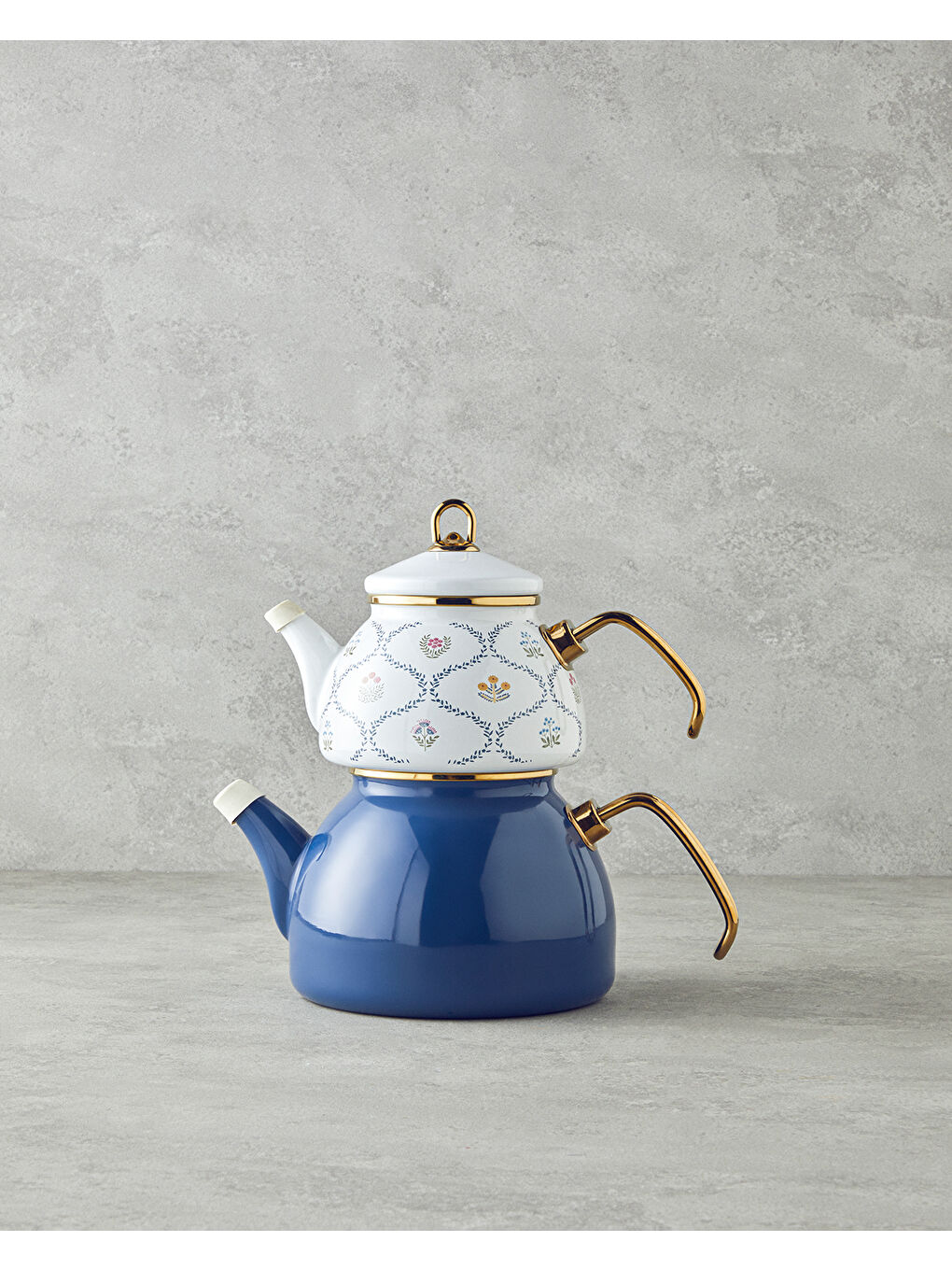 Ornate Retro Emaye Çaydanlık 1,1 Litre + 2,3 Litre Mavi
