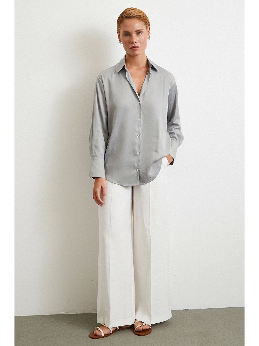 Diagonal Desen Gömlek Gri-1