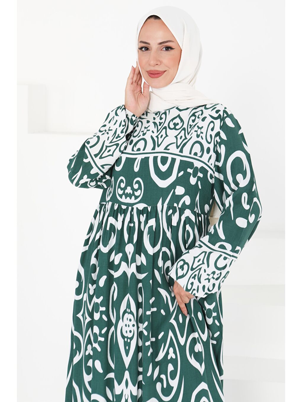 Yeşil Desenli Elbise Zümrüt - 27431-1