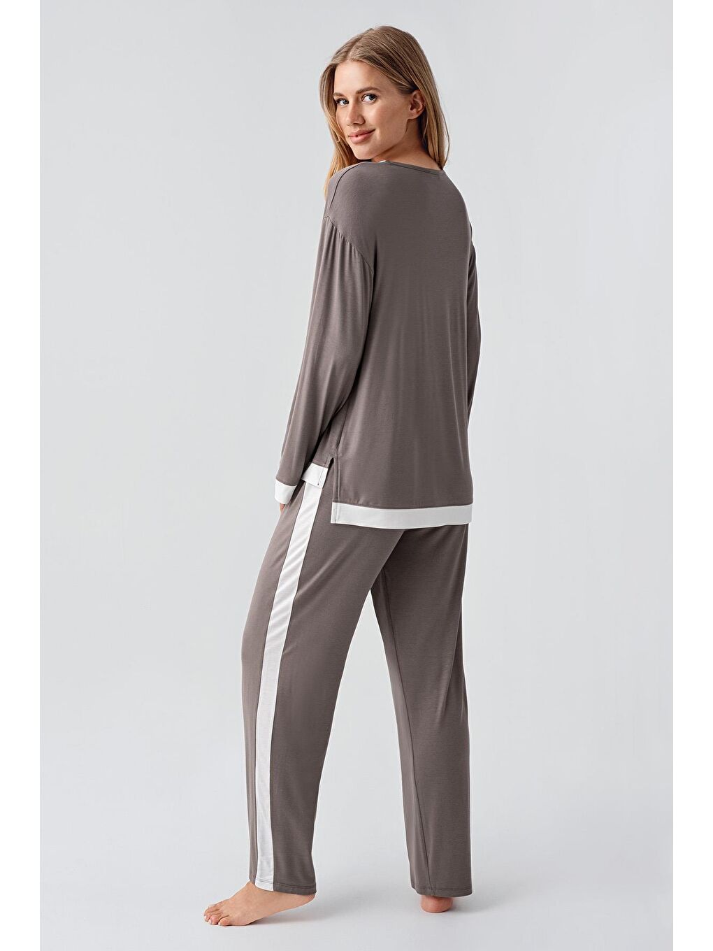 Bej Uzun Kollu Basic Esnek Viskoz Pijama Takım 18209-2