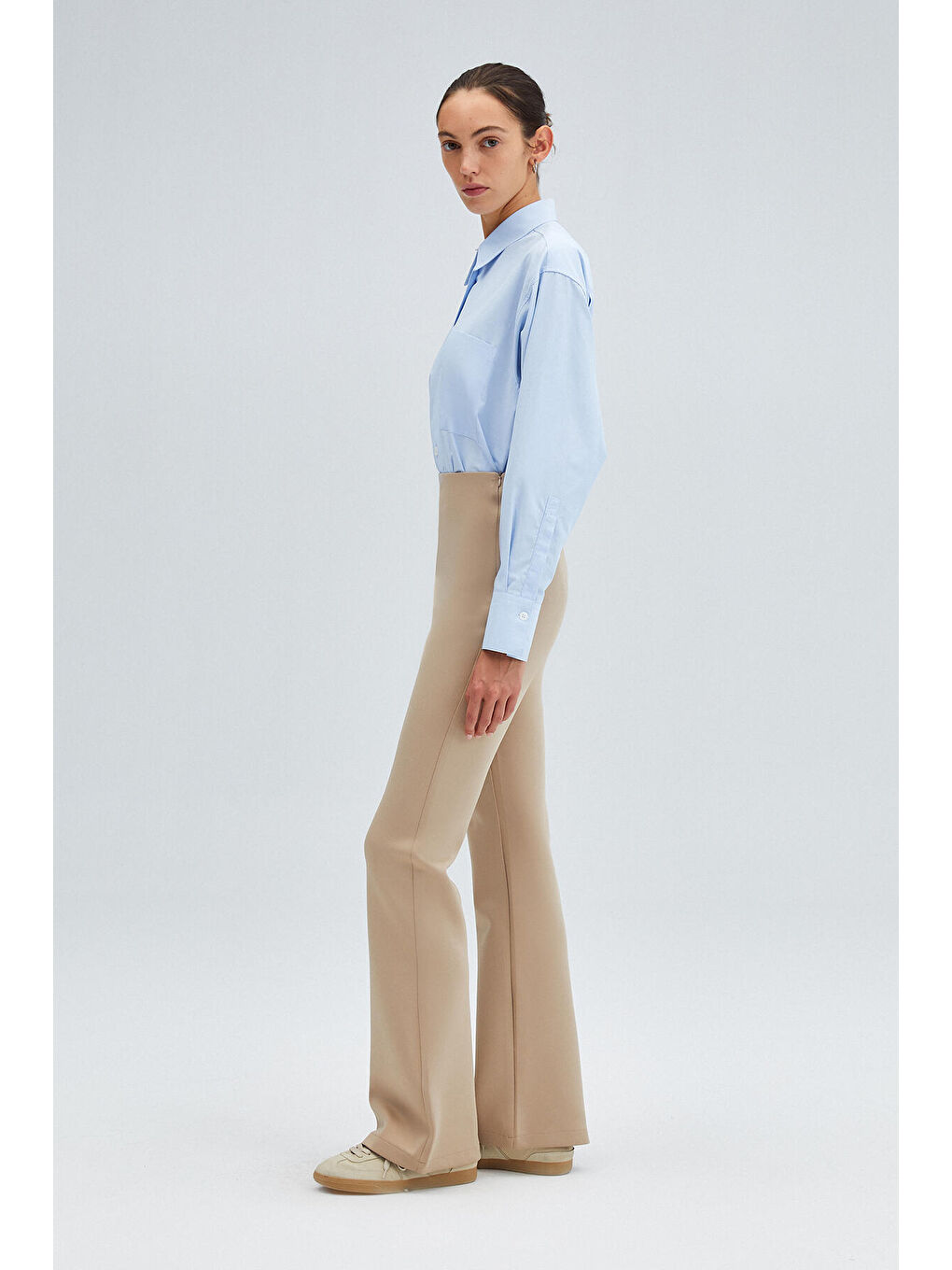 Bej Tam Bel İspanyol Paça Pantolon-3