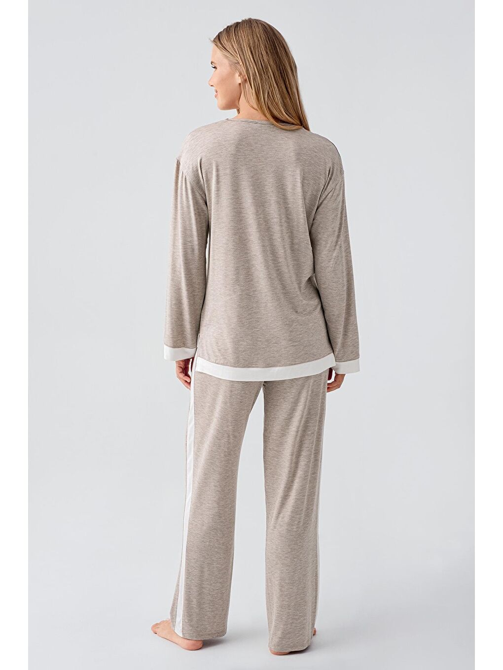 Bej Uzun Kollu Basic Esnek Viskoz Pijama Takım 18209-2