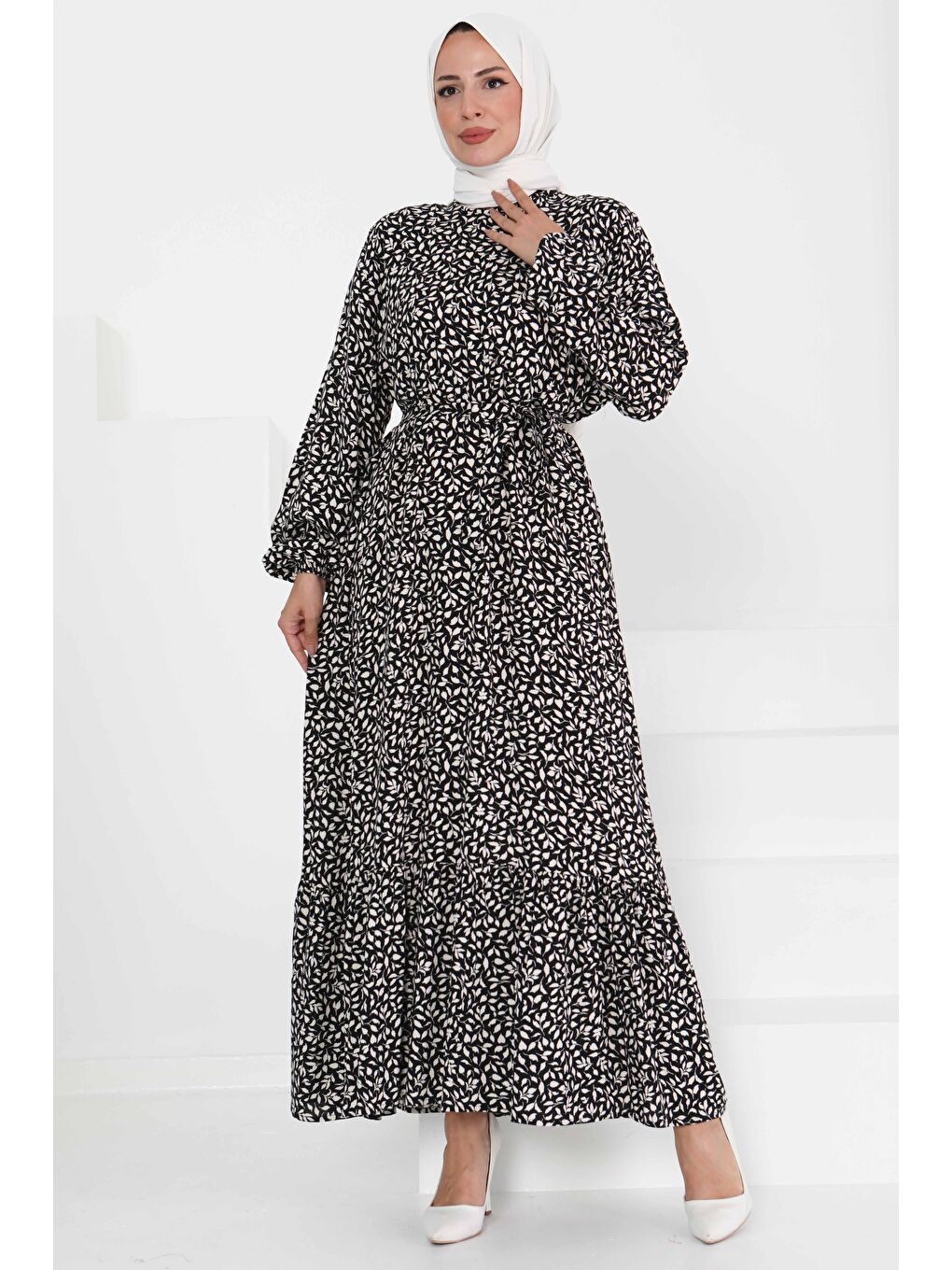 Desenli Kuşaklı Elbise Beyaz - 27426-3