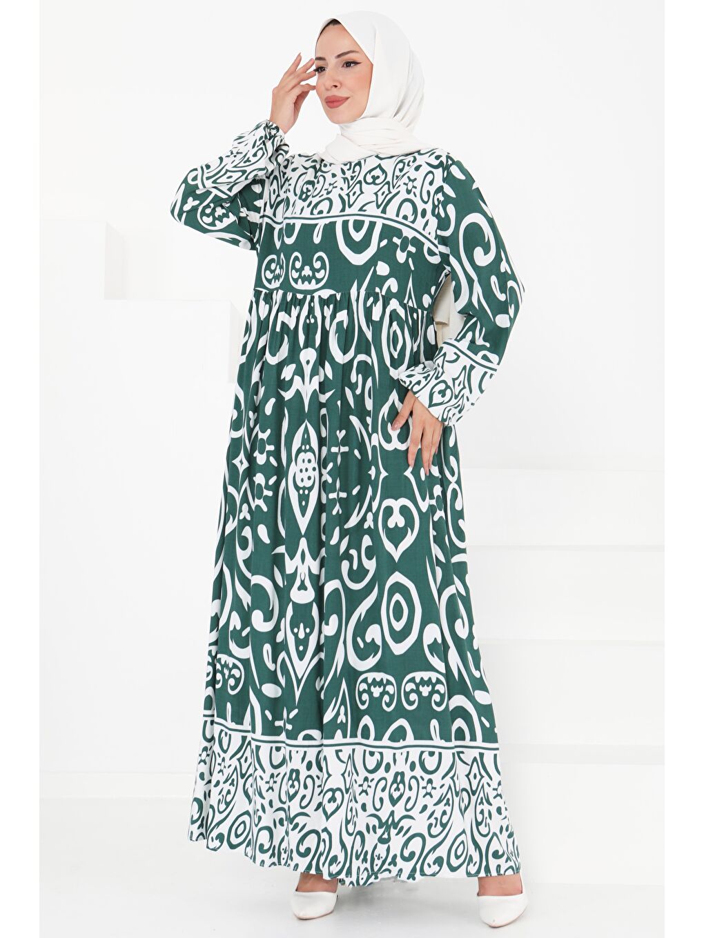 Yeşil Desenli Elbise Zümrüt - 27431-2