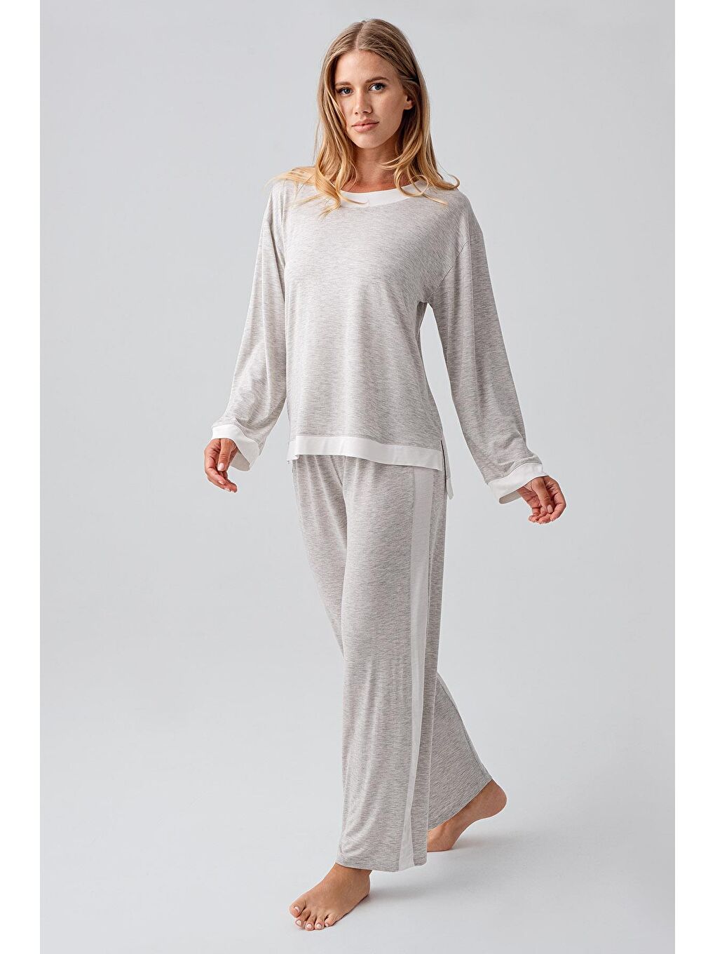 Gri Uzun Kollu Basic Esnek Viskoz Pijama Takım 18209