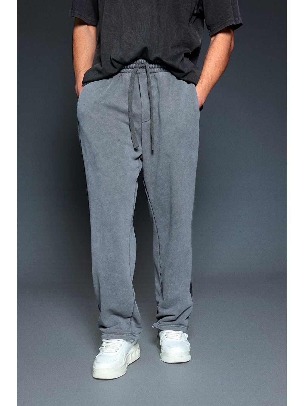 Gri Erkek Baggy Fit Yıkamalı Jogger Pantolon Füme