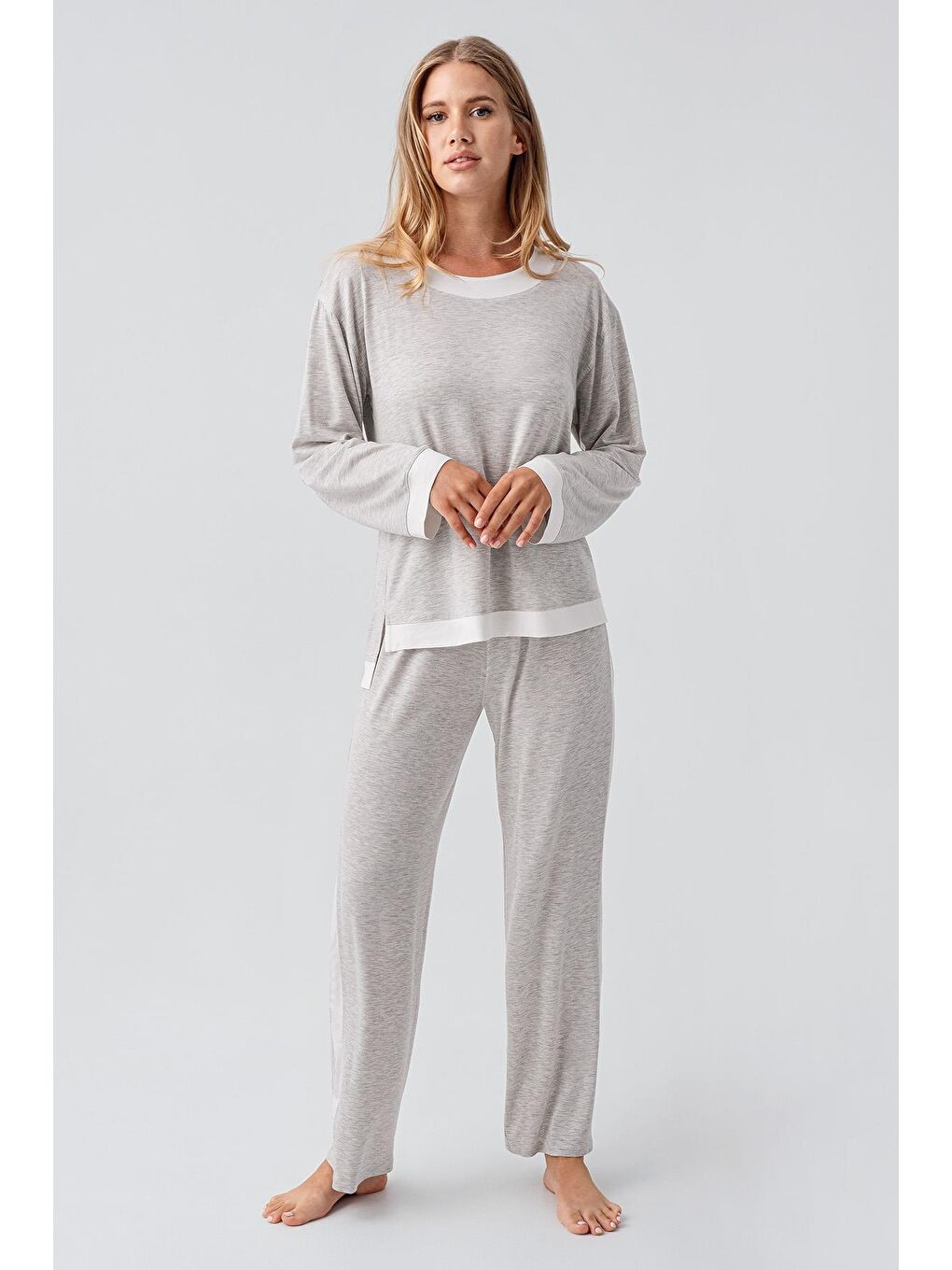 Gri Uzun Kollu Basic Esnek Viskoz Pijama Takım 18209-1