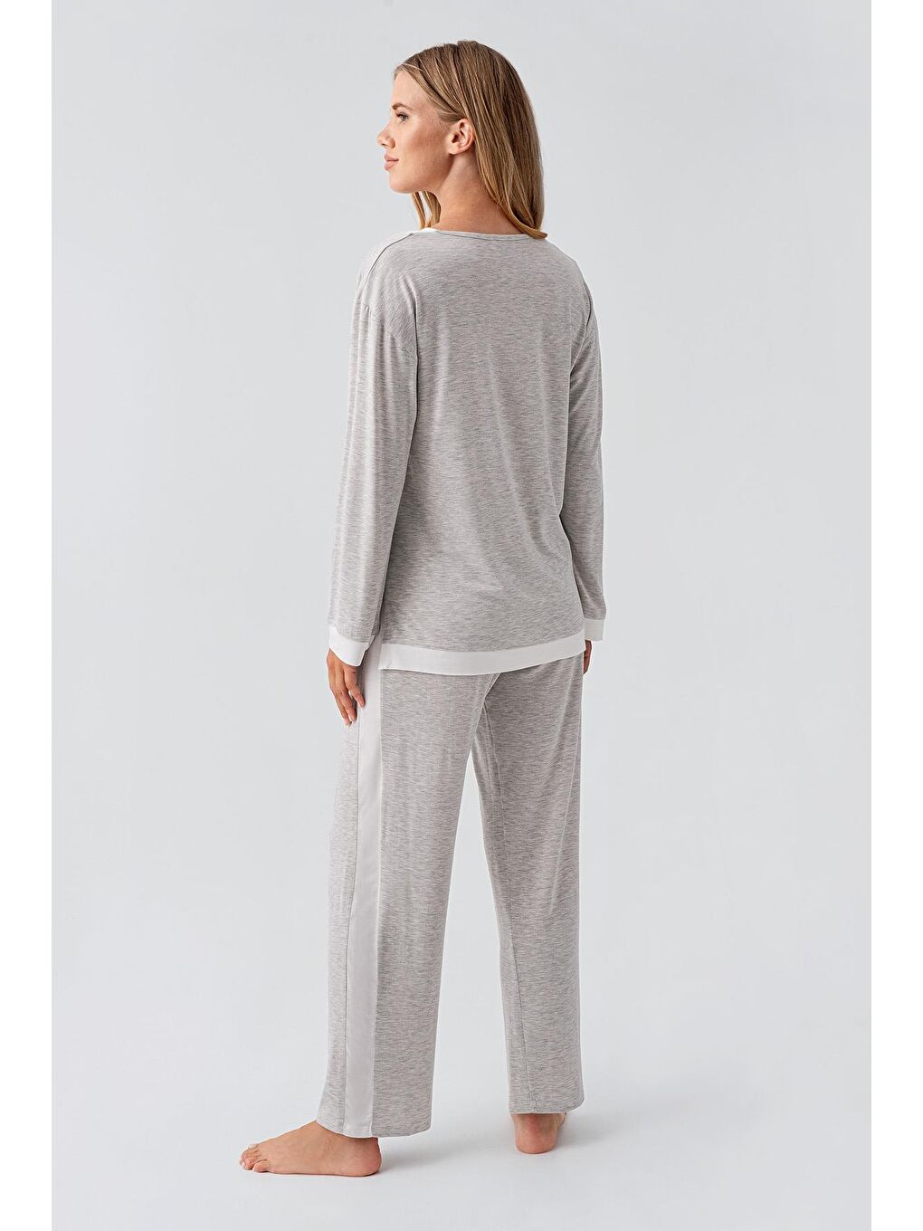 Gri Uzun Kollu Basic Esnek Viskoz Pijama Takım 18209-2