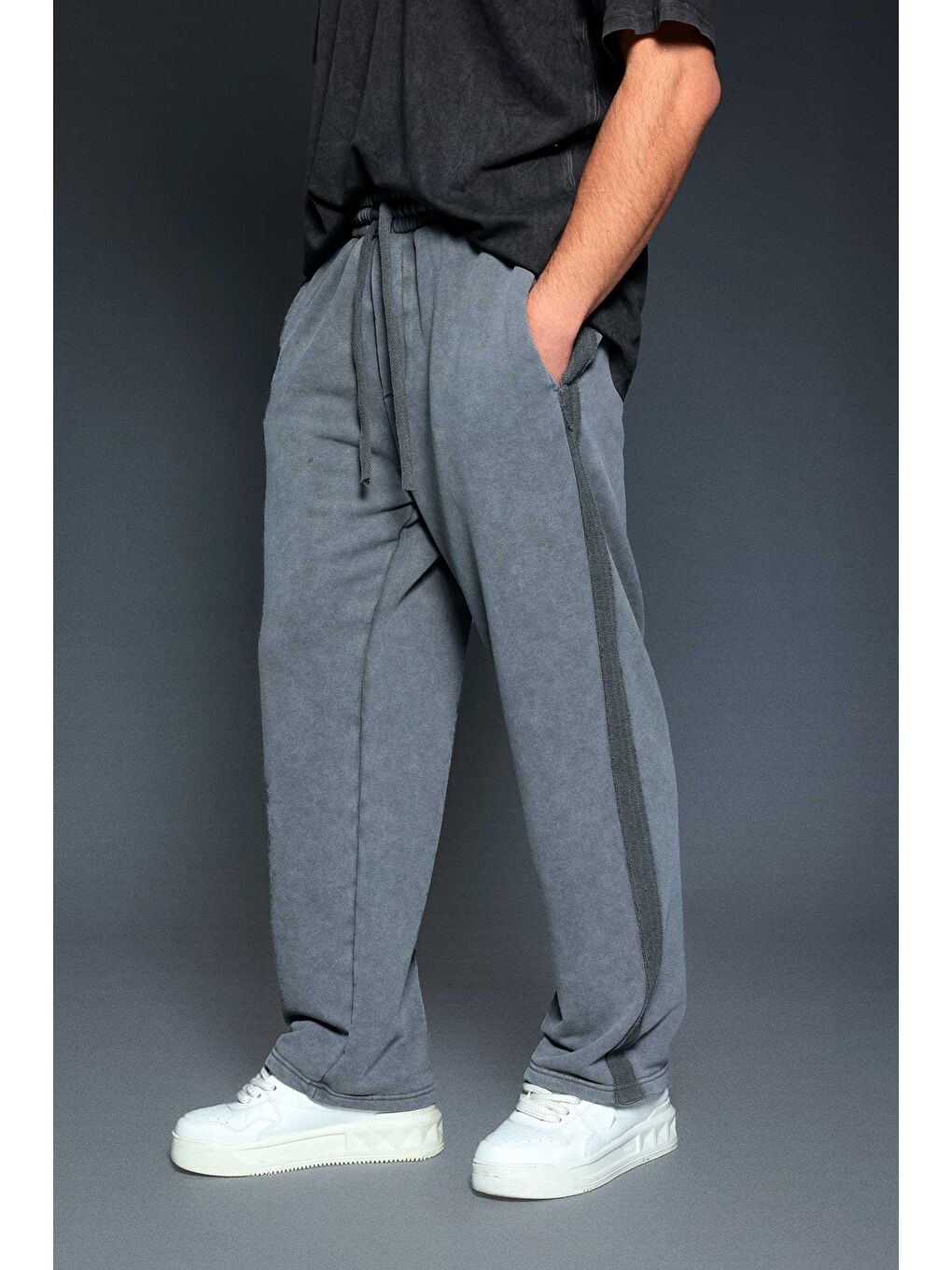 Gri Erkek Baggy Fit Yıkamalı Jogger Pantolon Füme-1