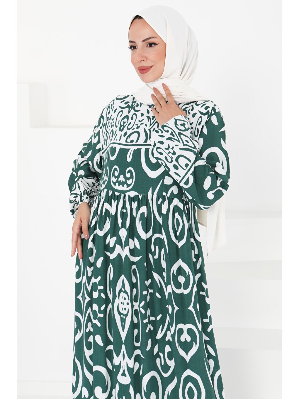 Yeşil Desenli Elbise Zümrüt - 27431-3