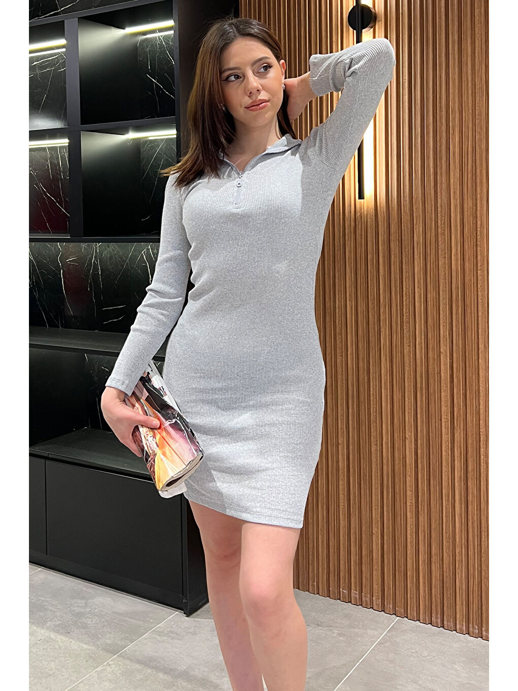 Gri Yarım Fermuarlı Elastanlı Kadın Elbise-1