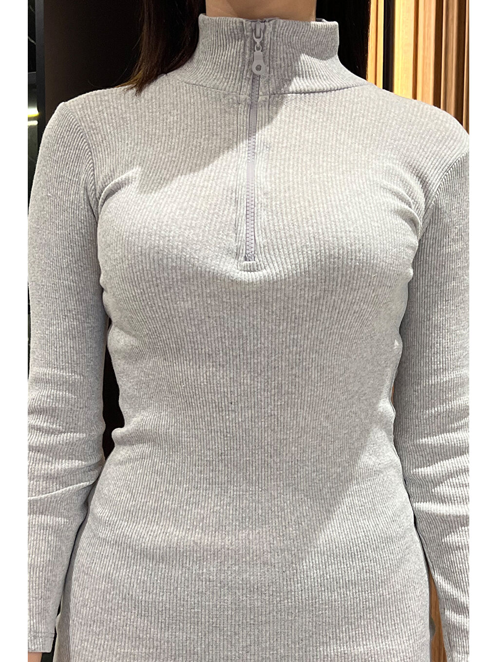 Gri Yarım Fermuarlı Elastanlı Kadın Elbise-2