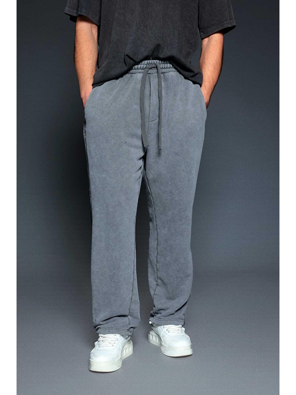 Gri Erkek Baggy Fit Yıkamalı Jogger Pantolon Füme-2