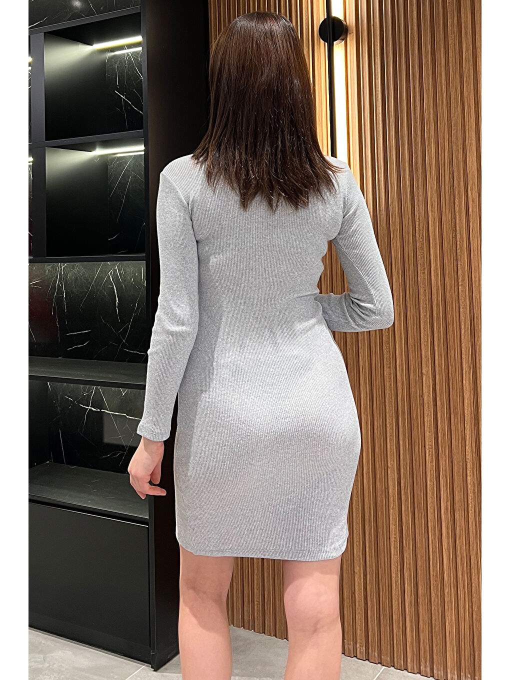 Gri Yarım Fermuarlı Elastanlı Kadın Elbise-3