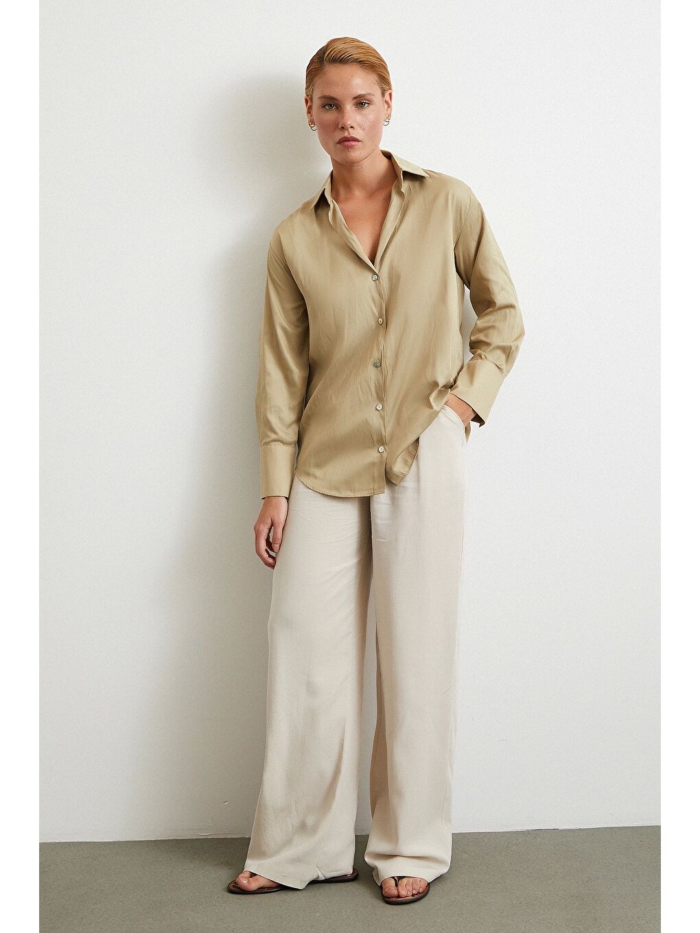 Diagonal Desen Gömlek Bej-1