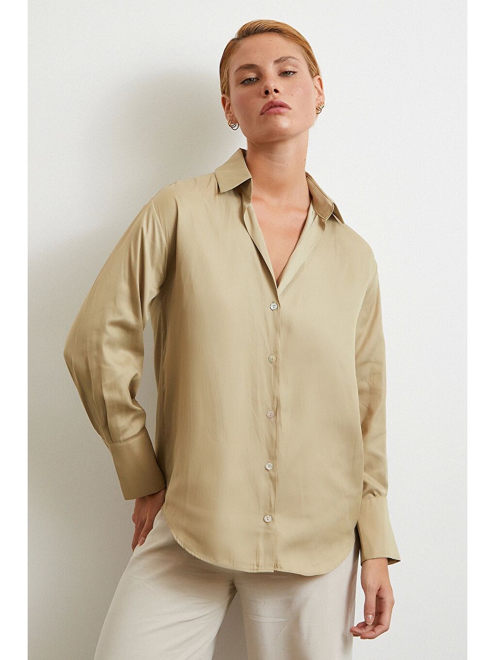 Diagonal Desen Gömlek Bej-2