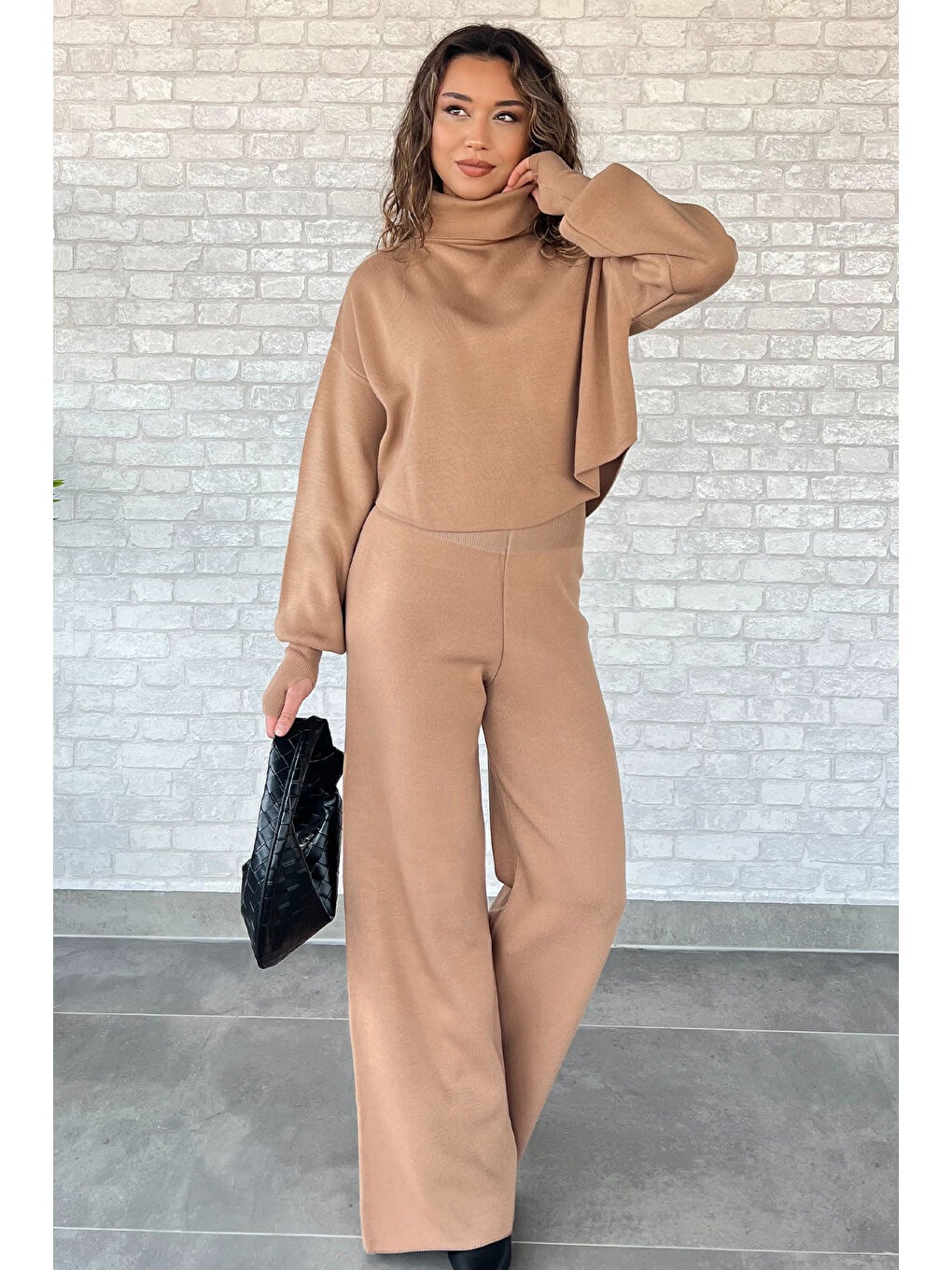 Ekru Crop Kazak Pantolon Triko İkili Takım-1