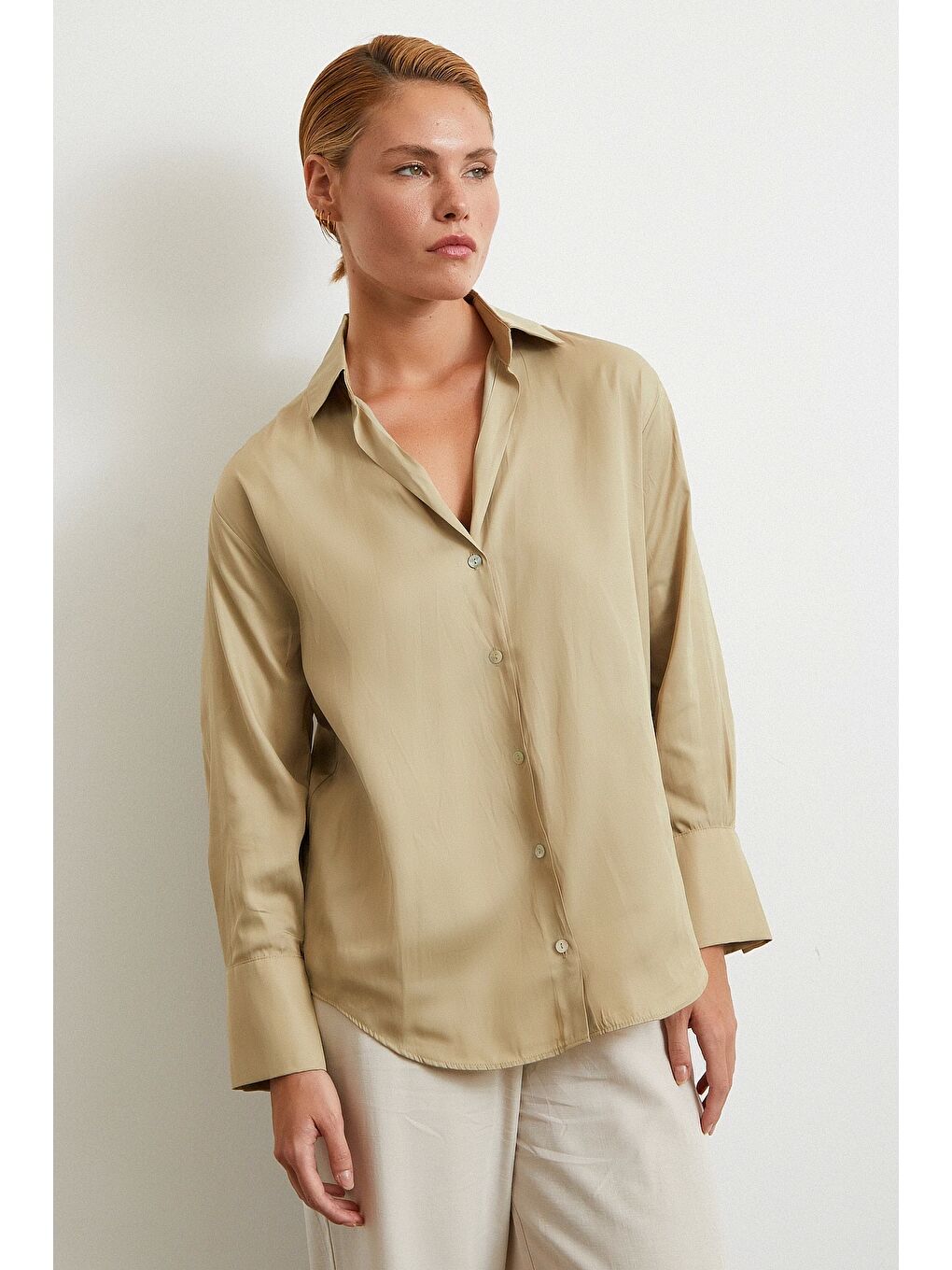 Diagonal Desen Gömlek Bej-3