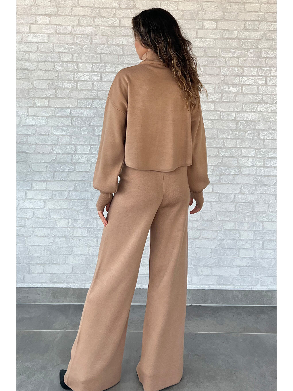 Ekru Crop Kazak Pantolon Triko İkili Takım-3