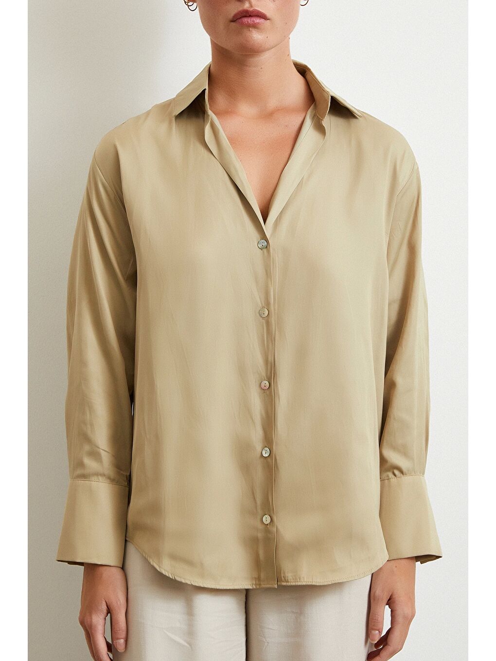 Diagonal Desen Gömlek Bej-4