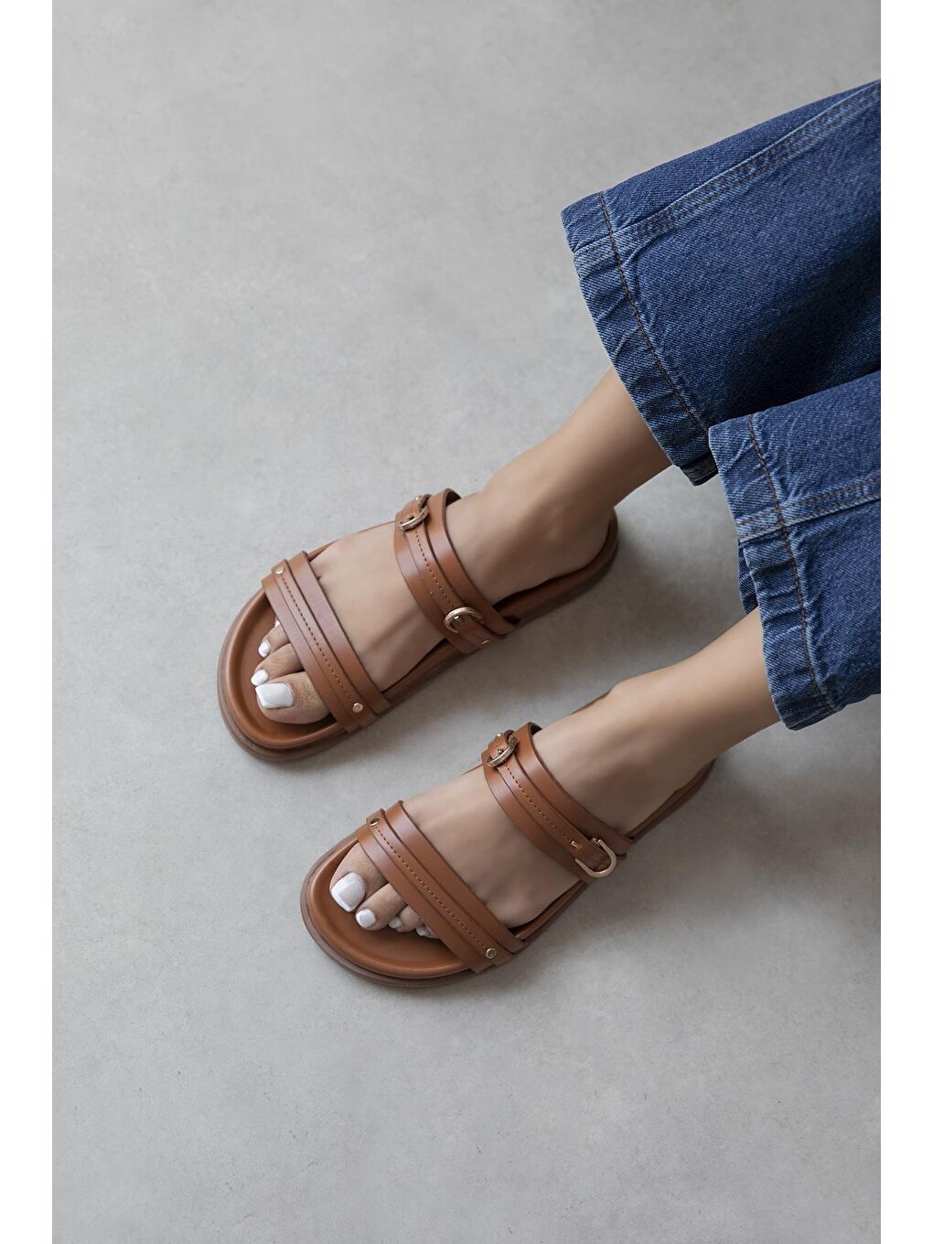 Kahverengi Cistra Kadın Günlük Konfor Deri Terlik Taba