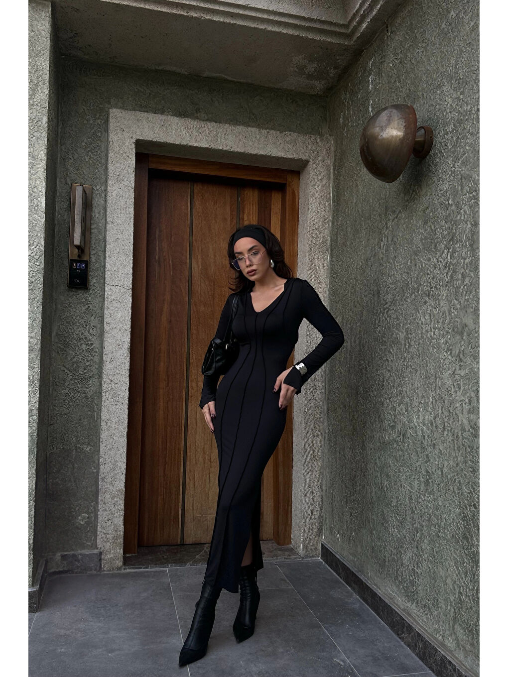 Karışık Kadın Siyah Ters Dikiş Elbise 1007-4773-4