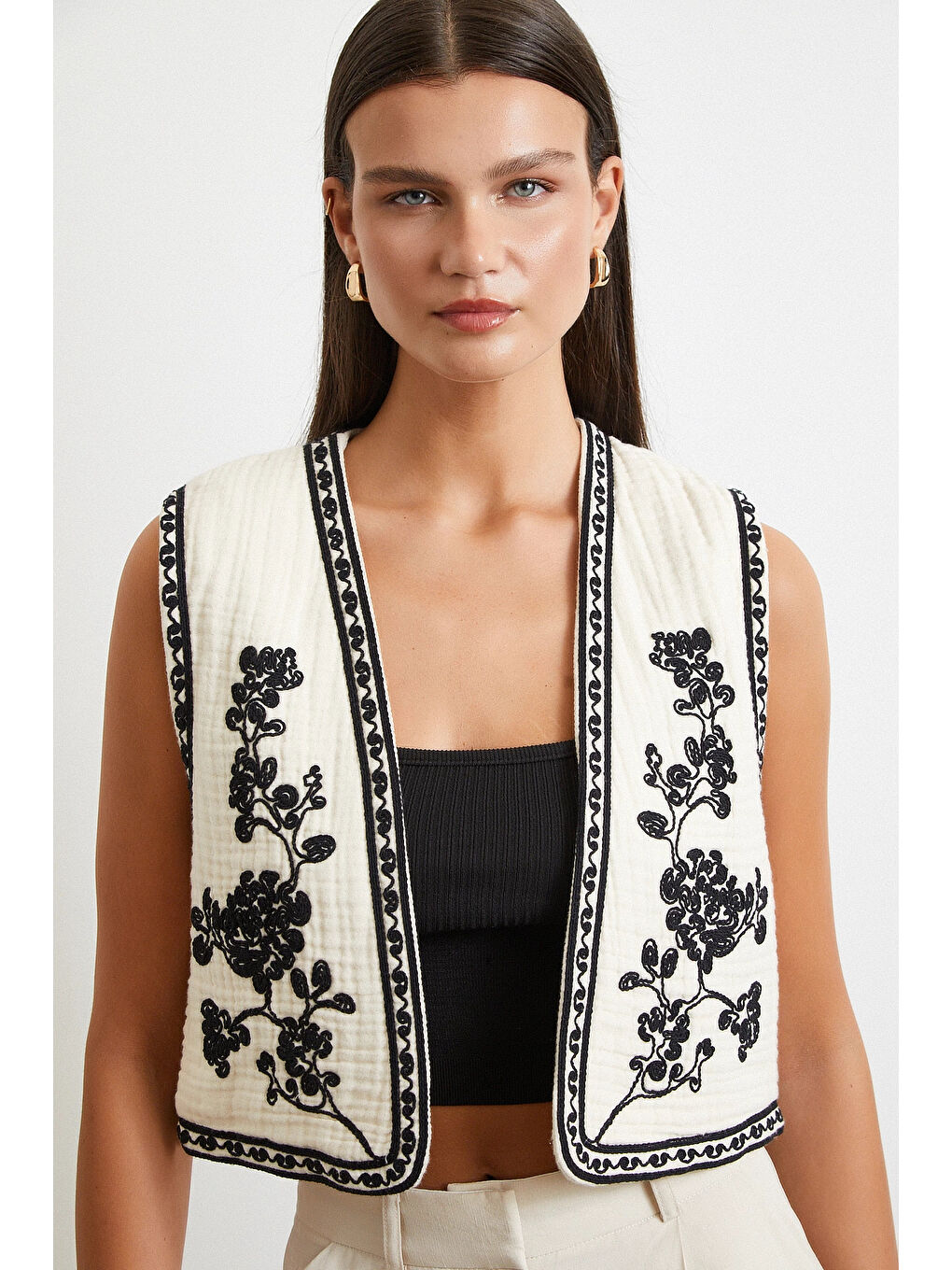 Ekru Nakışlı Oversize Yelek Krem